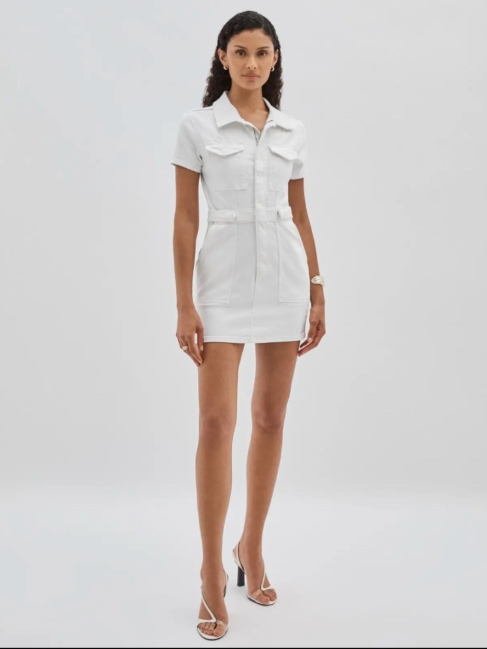 Good American Fit For Success Denim Mini Utility Dress White Size Small NWT
